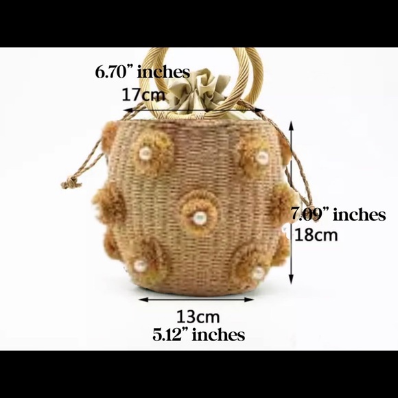 New NWT Woven Straw Pearl Round Bucket Bag - Picture 10 of 14